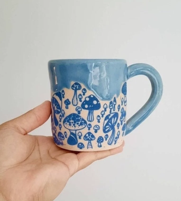 Blue Mushrooms Mug, Ceramic Mug, Stoneware Mug, Handmade Mug, Blue Mushrooms Handmade Mug